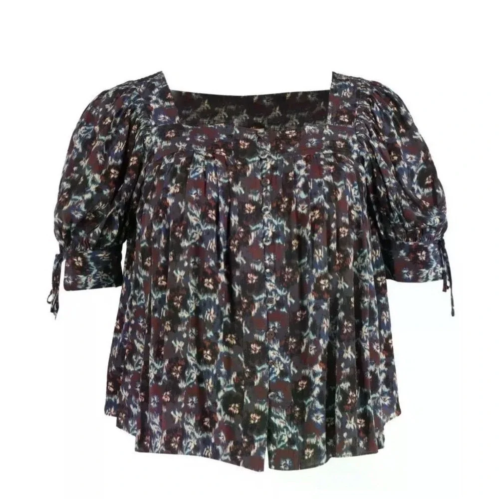 Ulla Johnson Lorraine Floral Print Square Neck Pleated Puff Sleeve Blouse Size 6
